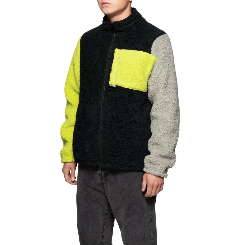 Stussy Color Block Sherpa Jacket Zip Up Fleece Sweatshirt Black Neon Small